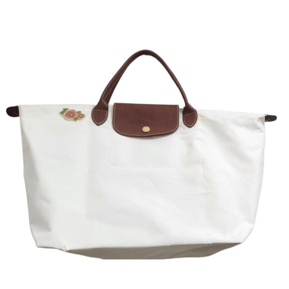 Longchamp White/Brown Nylon And Leather Le Pliage Tote - Picture 3 of 16
